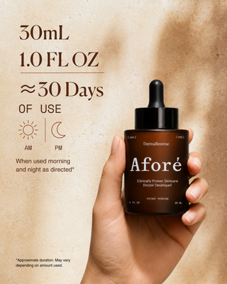 Hand holding Aforé DermaReverse serum bottle, 30 mL (1 fl oz), providing approximately 30 days of twice-daily morning and night use