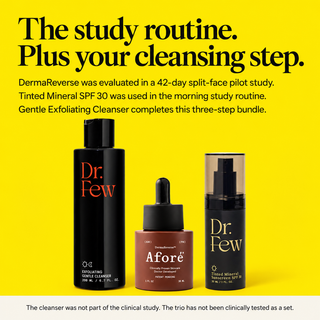 Promotional graphic on a bright yellow background featuring three skincare products from Aforé: a black cleanser bottle, DermaReverse serum and a black Tinted Mineral Sunscreen bottle.