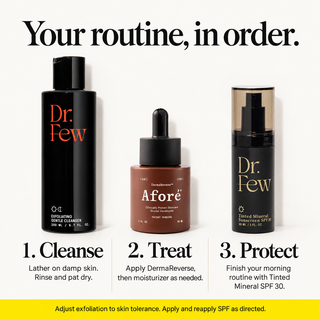 A skincare routine infographic from Aforé showing three products in order of use: a black Exfoliating Gentle Cleanser, Dermareverse Serum,  and Tinted Mineral Sunscreen 