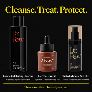 Three skincare products arranged on a black background with yellow text: Gentle Exfoliating Cleanser, DermaReverse Serum, and Tinted Mineral SPF 30.
