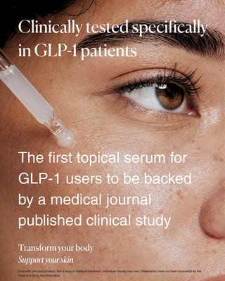 Close-up of eye with dropper applying serum; text describes DermaReverse as clinically tested in GLP-1 patients and cites a peer-reviewed published clinical study