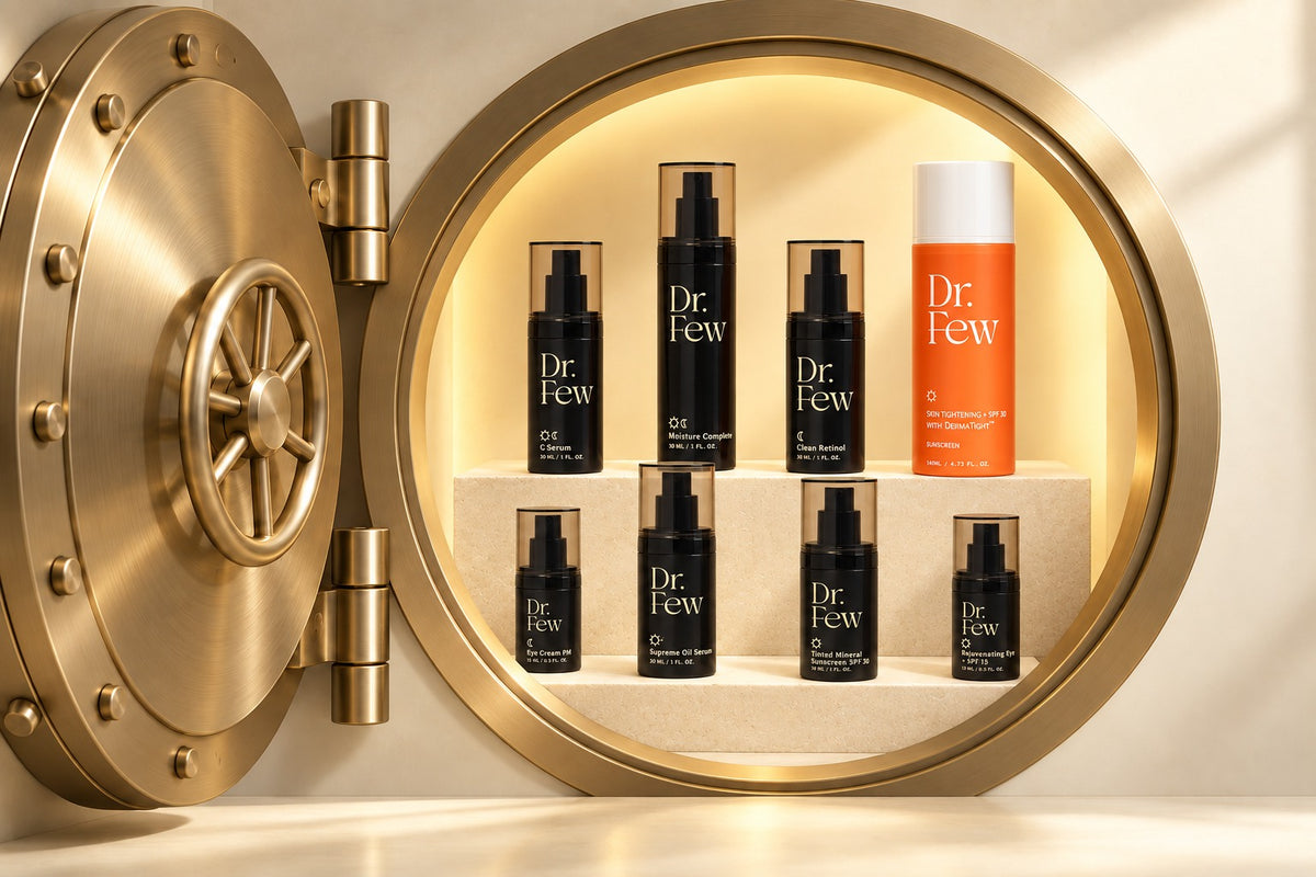 A set of Dr. Few skincare products arranged inside a large open gold vault door, with black bottles and one orange bottle on illuminated shelves.
