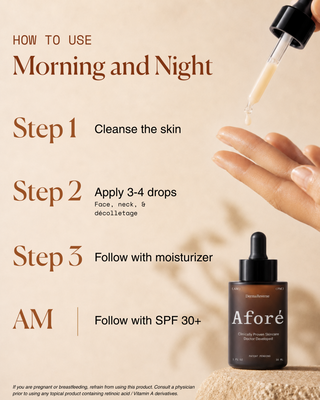 Four-step instructions for using DermaReverse: cleanse skin, apply 3-4 drops to face, neck and décolletage, follow with moisturizer, and add SPF 30+ in the morning